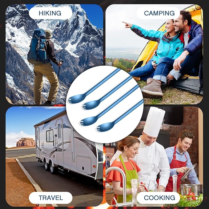 4 Pieces Titanium Long Handle Spork and Spoon Ultralight Portabale Flatware 8.7 Inch Soup Spoon Camping Spork for Outdoor Camping Backpacking Hiking Travel Picnic Tableware (Blue)