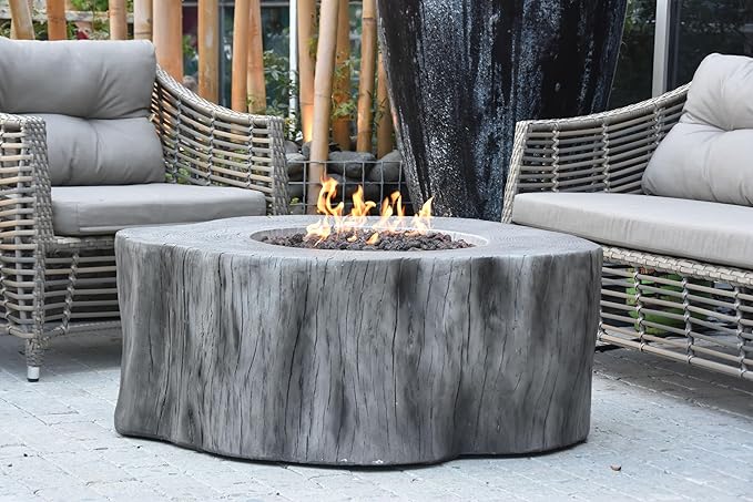 Elementi | Bundle Manchester Gas Fire Pit Cast Concrete Semi-Round Fire Table, Outdoor Fire Pit Electronic Ignition | Canvas Cover, Lava Rock Included | Classic Gray (Natural Gas)