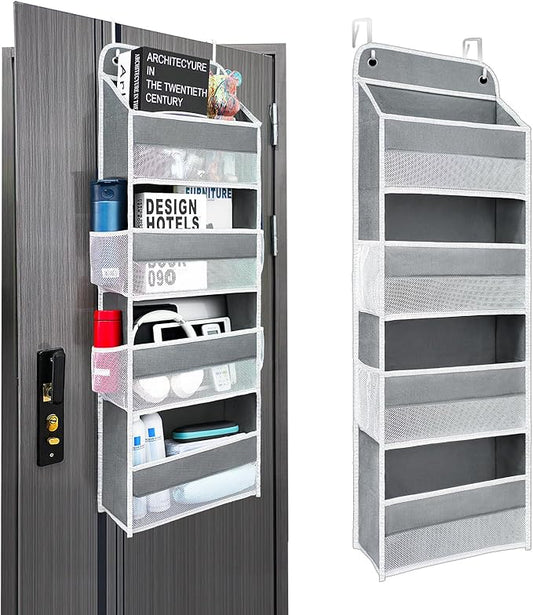 Over The Door Organizer with 4 Side Mesh Pockets, 44lb Weight Capacity Hanging Behind The Door Storage Suitable for Storing Toys, Shoes, Towels, Grey