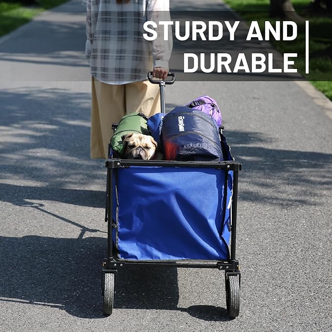 EchoSmile Heavy Duty 350 Lbs Capacity Collapsible Wagon, Outdoor Folding Camping Wagons, Grocery Portable Utility Cart, Adjustable Rolling Carts, All Terrain Sports Wagon with Big Wheels (Dark-Bule)
