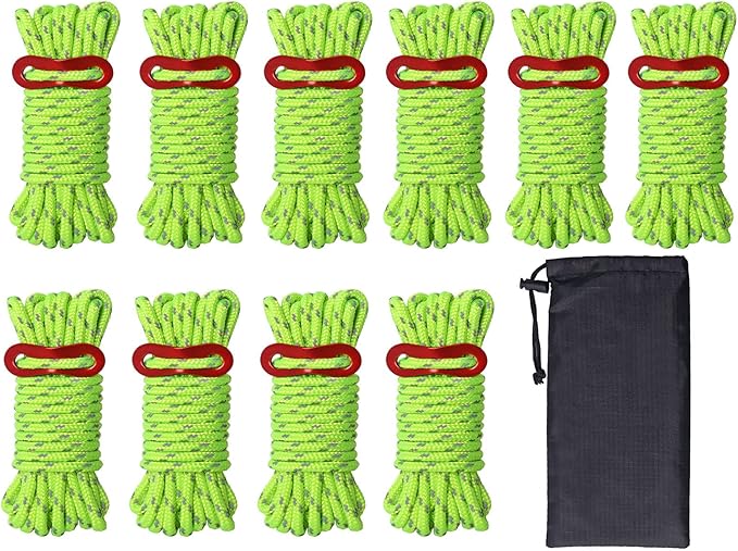 Hikeman 10 Pack 4mm Camping Rope Reflective Outdoor Guy Lines with Aluminum Guyline Adjuster Tensioners Nylon Tent Tie Downs for Hiking Backpacking Tarp,Canopy Shelter (Fluorescent Green)