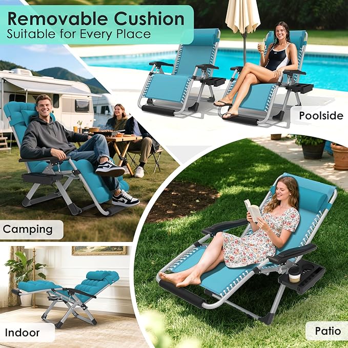 Suteck Oversized Zero Gravity Chair,33In XXL Lounge Chair w/Removable Cushion&Headrest, Reclining Camping Chair w/Upgraded Lock and Footrest, Reclining Patio Chairs Recliner for Indoor Outdoor,500LBS