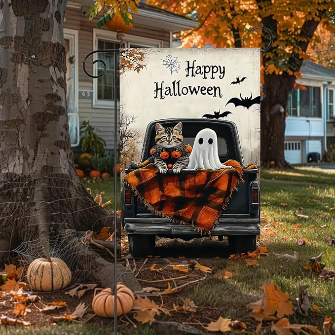 Happy Halloween Garden Flag 12X18 Inch Double Side,Ghost Yard Flag,Cat Small Garden Flag,Yard Outdoor Flag for Holiday Outside Patio Lawn Decoration