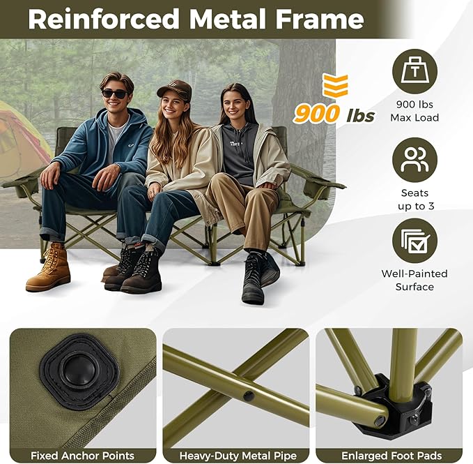 Tangkula 3 Person Oversized Camping Chair, Fully Padded Folding Camp Chair with Adjustable Armrests, Cup Holders, Carrying Bag, Portable Outdoor Lawn Chair for Camping, Support 900LBS