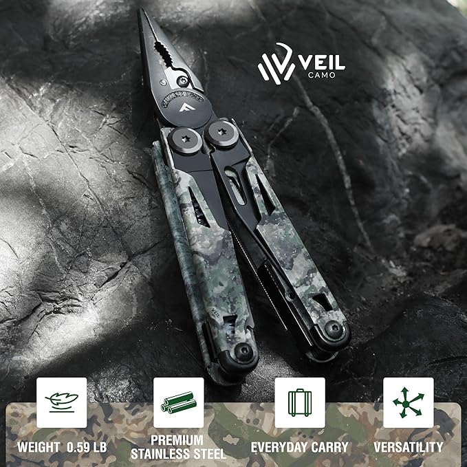 FLISSA Multitool, 15-in-1 Multi Tool Pocket Knife with Sheath, Stainless Steel EDC Multitool Pliers for Men, Camo All-in-One Tools for Camping, Fishing, Survival