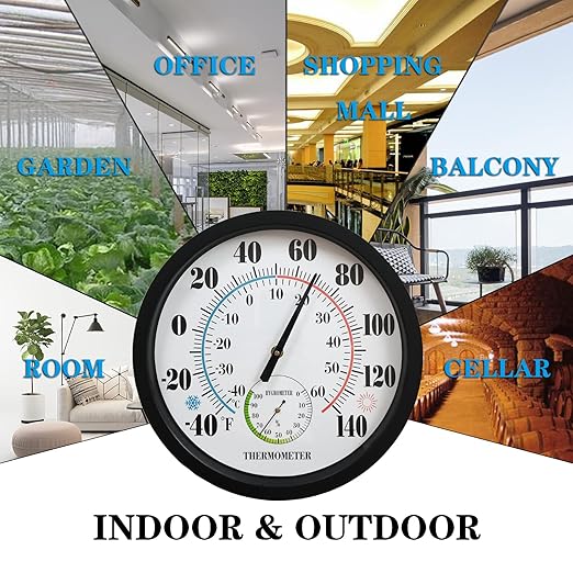 Indoor Outdoor Thermometer Large Numbers 12 Inch Wall Weather Thermometer Hanging Garden Decor Hygrometer No Battery Needed (Black)