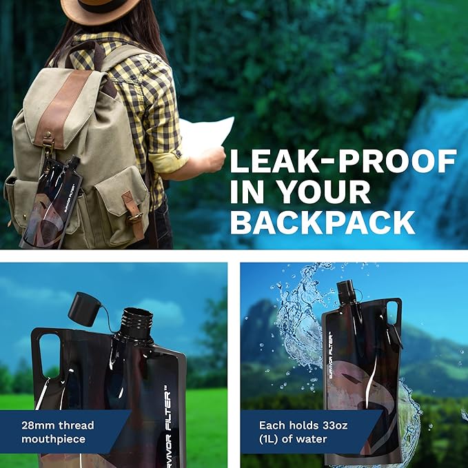 Survivor Filter Collapsible Water Bottles, Canteens (32oz) 2 Pack (2L Total) - Durable Carabiners and Handles. Squeeze Water through a Filter or Use as Water Bottles
