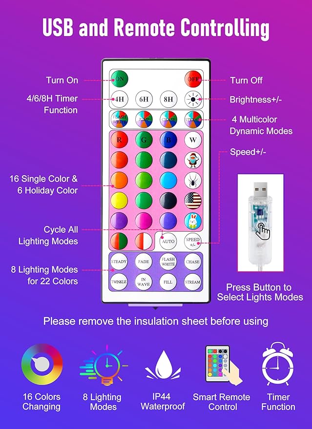 Moonflor 10FT Fairy Lights Color Changing - 100 LED 22 Colors Cluster Fairy Lights with Remote, Firecracker String Lights with 12 Modes, Halloween Fairy Lights for Bedroom Indoor Classroom Christmas