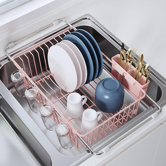 Dish Drying Rack in Sink, Pink Dish Dryer Racks Over Sink, Dishes Drainers for Kitchen Sink, Stainless Steel Plates Drying Rack with Utensil Holder & Cups Holder