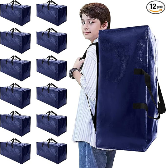 Heavy Duty Moving Bags with Backpack Straps and Strong Handles, Alternative to Moving Boxes and Storage Totes for Dorm Room Essentials, 12 Pack, Blue