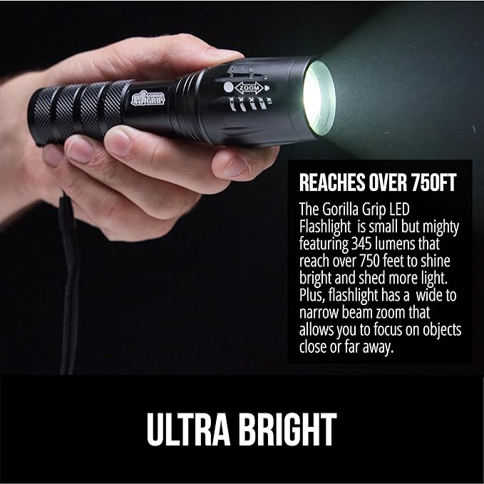 GORILLA GRIP Powerful LED Tactical Flashlight, 750 FT High Lumens 5 Adjustable Modes, Water Resistant, Ultra Bright Zoom Flashlights, Small Mini Flash Light, Camping, Night Dog Walking, 2 Pack Black