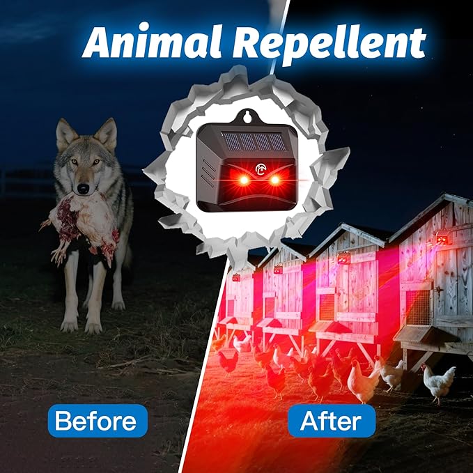 4 Packs Solar Animal Repeller, 2025 Upgraded Predator Nocturnal Animal Repellent, Red Led Light Control Outdoor Deterrent Coyote Raccoon Deer Fox Skunk Squirrel for Garden Yard Farm Chicken Coop