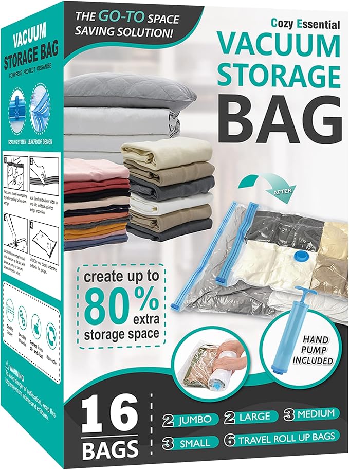 16 Pack Vacuum Storage Bags, Space Saver Bags (2Jumbo/2Large/3Medium/3Small/6Roll) Compression Storage Bags for Comforters and Blankets, Vacuum Sealer Bags for Clothes Storage, Hand Pump Included