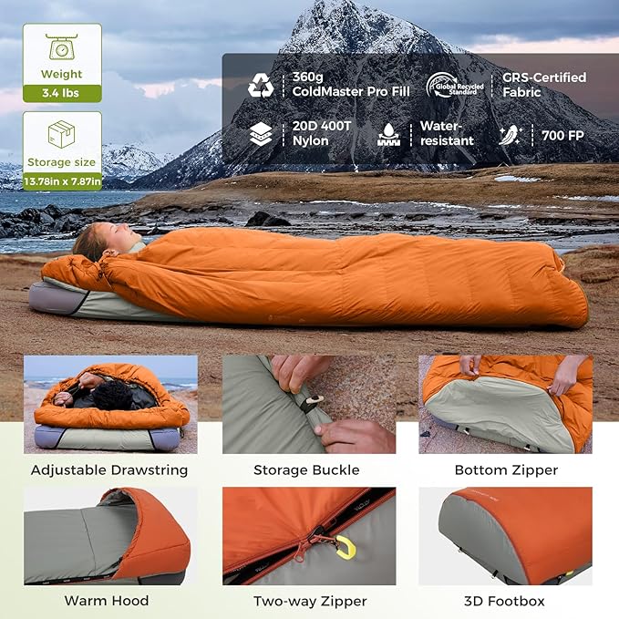 ATEPA Down Sleeping Bag, Recycled 650FP 4 Season Summer & Winter Compact Rectangle Lightweight Waterproof Wearable Sleeping Bag with Compression Sack for Camping Backpacking Hiking