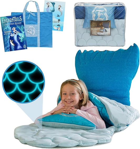 Mermaid Tail Blanket for Kids - 5-Piece Glow in The Dark Girls Slumber Set - Wearable Mermaid Tail Sleeping Bag - Ideal for Sleepovers