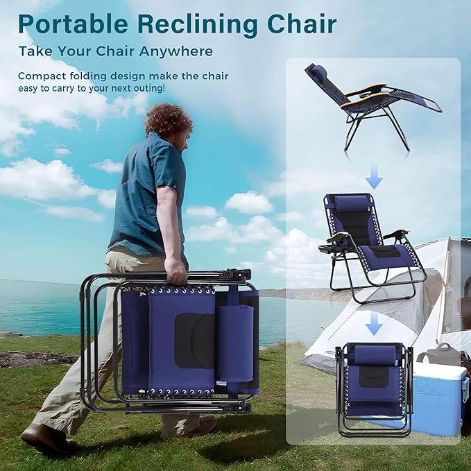 MFSTUDIO Zero Gravity Chairs, Oversized Patio Recliner Chair, Padded Folding Lawn Chair with Cup Holder Tray, Support 400lbs, Navy Blue