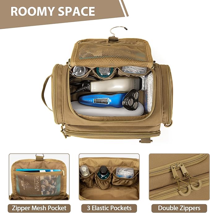 Tactical Toiletry Bag for Men, Hanging Hygiene Bag, Travel Dopp Kit Organizer for Shaving, Shower Essentials and Toiletries, Khkai (Empty Bag)