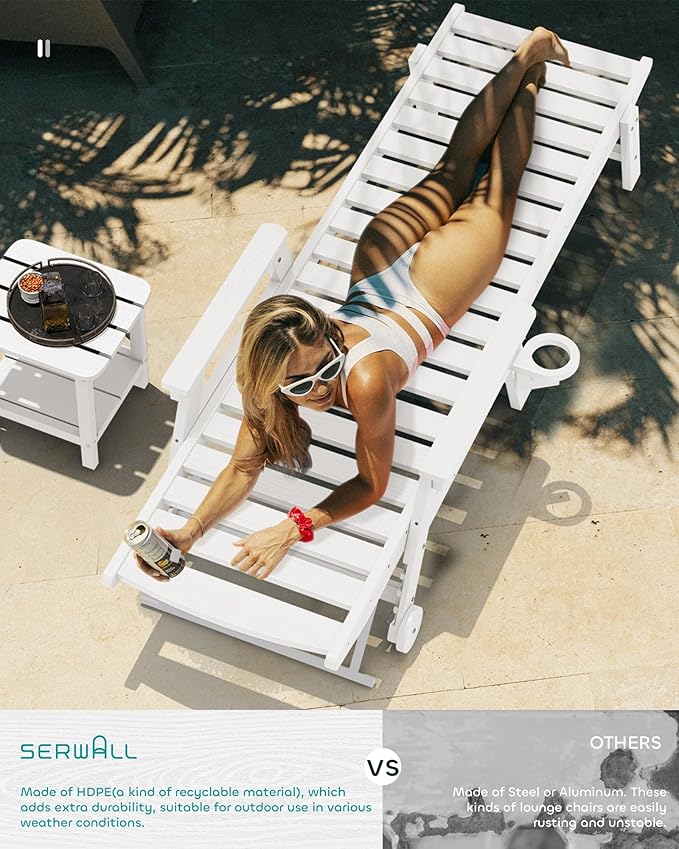 SERWALL Patio Chaise Lounge Chair Set of 2, 78'' Long 5-Positions Adjustable HDPE Outdoor Lounge Chair for Pool, Poly Lounge Chair with Rolling Wheels & Cup Holder for Poolside, Deck, White