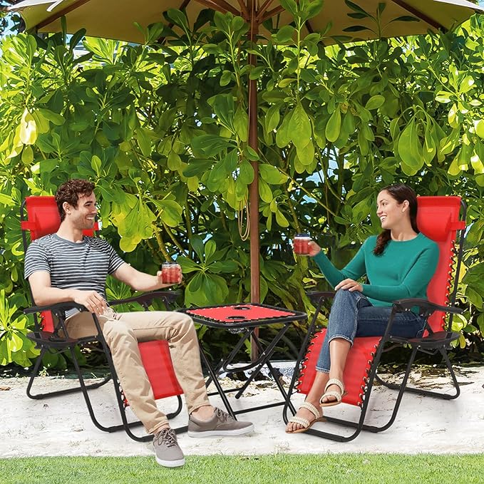 MoNiBloom Recliner Patio Lounge Chairs Set of 3, Adjustable Outdoor Beach Chairs w/Folding Table, Pillow and Cup Holder Tray, 330lbs Capacity, Red