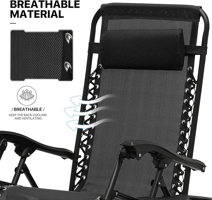 MoNiBloom Table and Patio Chairs Set of 3, Outdoor Adjustable Zero Gravity Folding Breathable Mesh Reclining Lounge Chairs with Pillow and Side Tray, 330lbs Capacity - Black