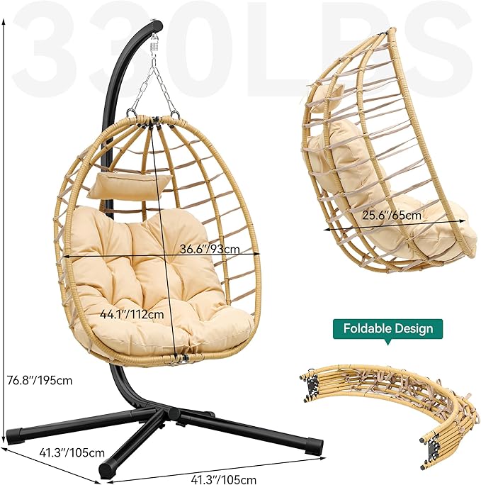 YITAHOME Egg Chair Swing Hanging Outdoor Wicker Hammock Chairs Indoor with Steel Stand Padded Cushion 330lbs for Patio, Bedroom, Garden and Balcony - Beige