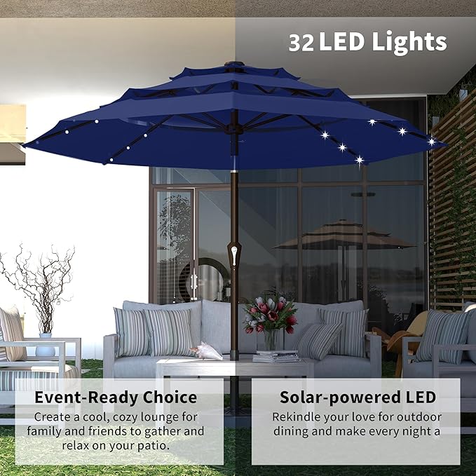 Kingdura 10ft 3-Tier Patio Umbrella with Solar Lights, Table Umbrella Outdoor Patio with Easy Crank & Tilt, 8 Sturdy Ribs, UV Protection, 32 LED Lights for Deck, Poolside, Market (Navy blue)