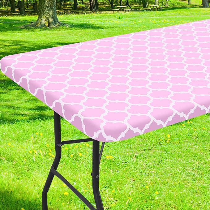 Smiry Rectangle Picnic Table Cover, Waterproof Elastic Fitted Camping Tablecloths for 6 Foot Tables, Wipeable Flannel Backed Vinyl Tablecloth Protector for Indoor, Outdoor (Pink, 30x72 Inches)