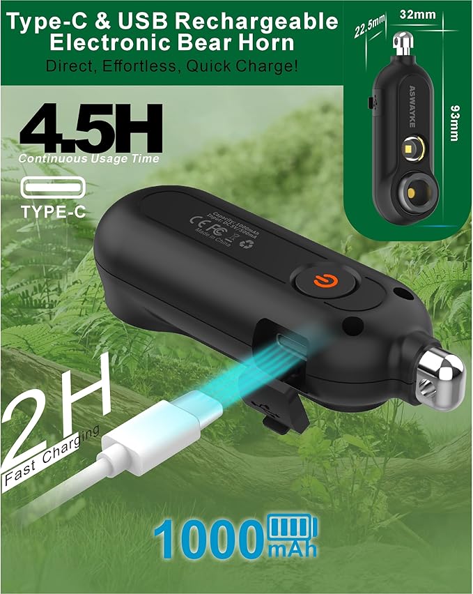 125dB Rechargeable Bear Horn,IPX5 Waterproof & LED Flashlight Bear Deterrent Device for Hiking, Camping, Outdoor Survival-Black