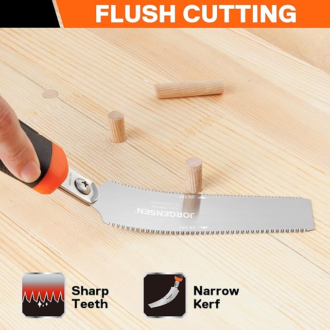 JORGENSEN Japanese Flush Cut Saw, 5 Inch Pro Double Edge Pull Saw, SK5 Flexible Blade Wood Handsaw, 18/25 TPI Blade with Soft Grip Handle for Hardwood & Softwood Woodworking, Wood Trim
