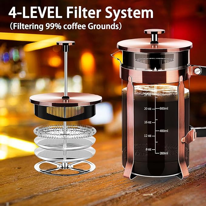 French Press Coffee Maker 304 Stainless Steel Coffee Press,with 4 Filters System, Heat Resistant Thickness Borosilicate French Press Glass, BPA-Free Brewed Tea Pot Coffee Plunger(Copper 12oz)