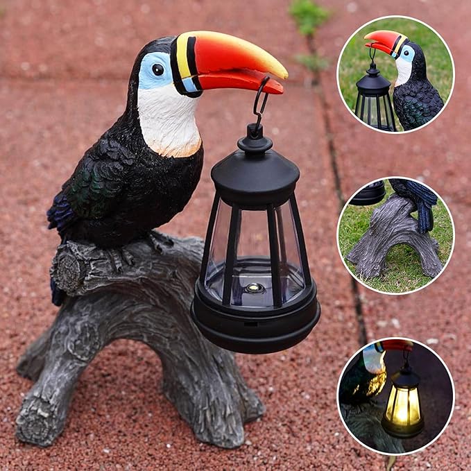 Toucan Garden Statues Decor, Solar Waterproof 9.5" Colorful Tropical Bird Sculpture with LED Lights Funny Garden Outdoor Exotic Bird Sculpture Decoration for Lawn Porch Yard Patio Tiki Bar