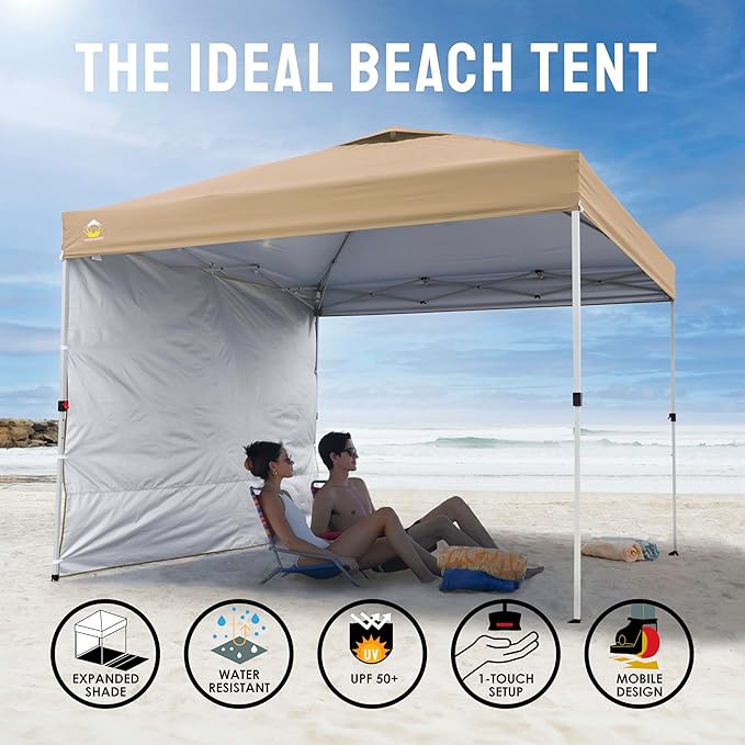 CROWN SHADES 10x10 Pop Up Canopy with 1 Side Wall - Beach Tent with One Push Setup - Outdoor Sun Shade for Events, Parties, Camping - Gazebo with STO-N-Go Cover Bag (Beige)
