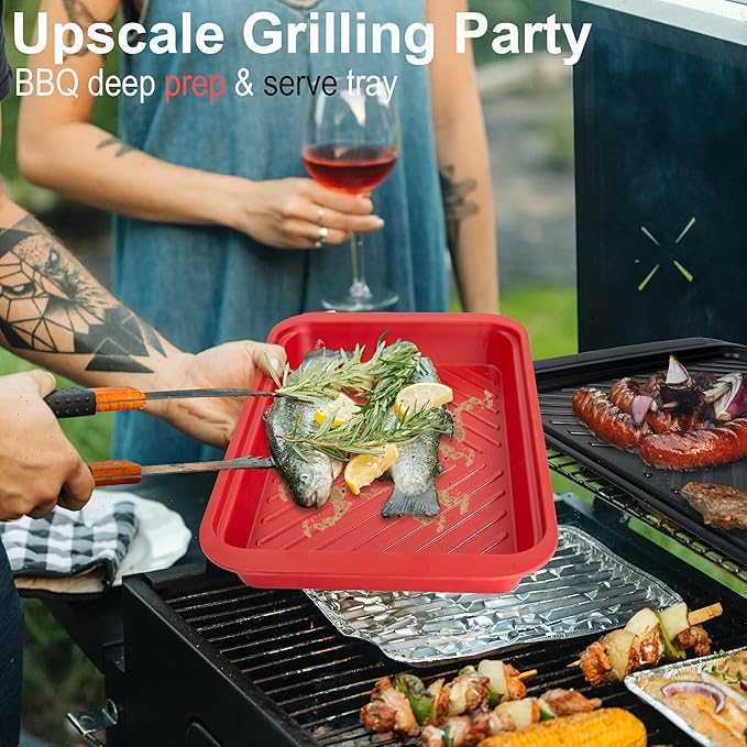 Grilling Prep and Serving Tray with Lid, BBQ Deep Tray for Marinating Raw and Cooked Food, Melamine Serving Trays for Food, Black and Red