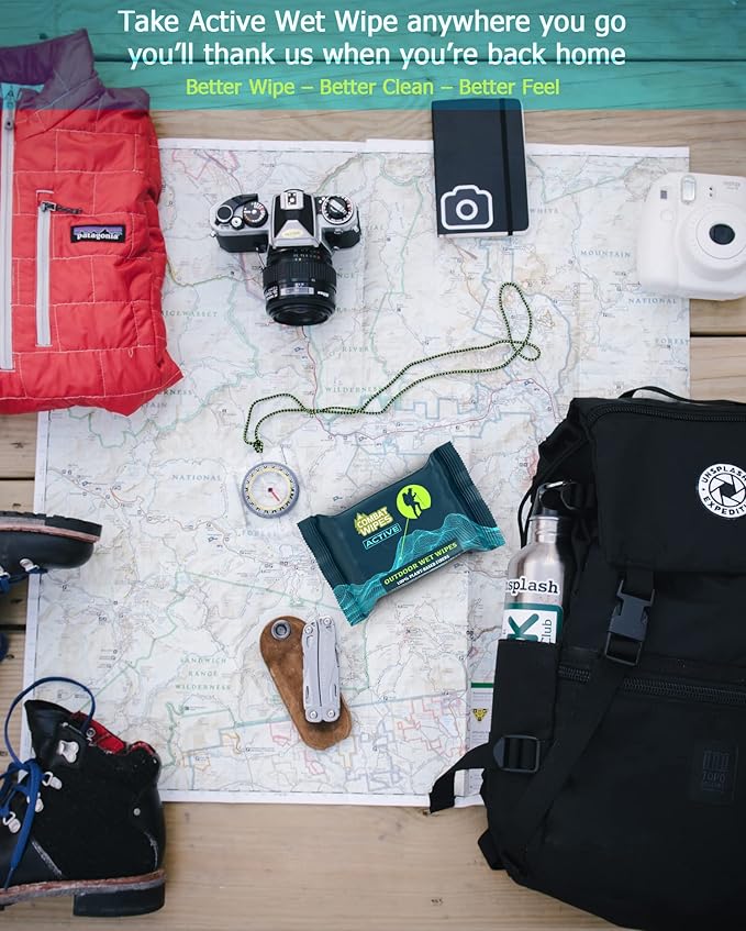 Combat Wipes ACTIVE Outdoor Wet Wipes - Extra Thick Camping Gear, Biodegradable, Body & Hand Cleansing/Refreshing Cloths for Backpacking & Gym w/Natural Aloe & Vitamin E(2 pack, 25 wipes each)