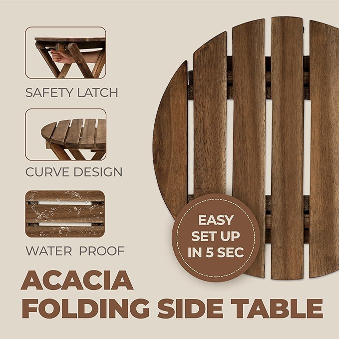 2PCs Folding Side Tables, Waterproof Patio Foldable End Table, Portable Side Table for Indoor and Outdoor Garden, Porch, Balcony, Camping, Fishing, Walnut Color, Small Size 13 inch Height