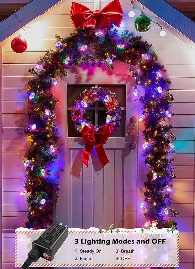 C9 LED Christmas Lights Outdoor, 45 Ft C9 String Lights with 40 Shatterproof LED Bulbs, 3 Light Mode, Connectable Waterproof Christmas Tree Lights for Outside Indoor Holiday Garden Decor, Multicolor