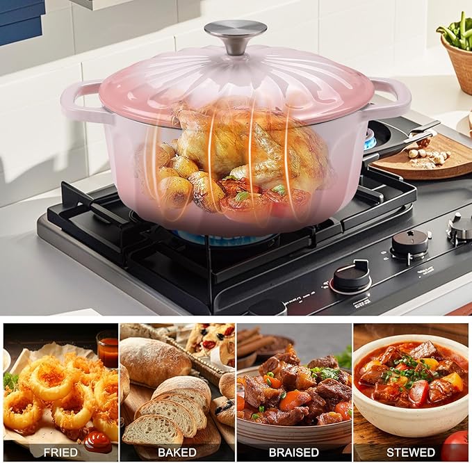 Enameled Cast Iron Dutch Oven with Lid, 6 QT Dutch Oven Pot for Bread Baking, Heavy Duty Cast Iron Pot for Braising, Cook, Bake, Refrigerate Safe across All Cooktops (Gradient Pink,6 QT)