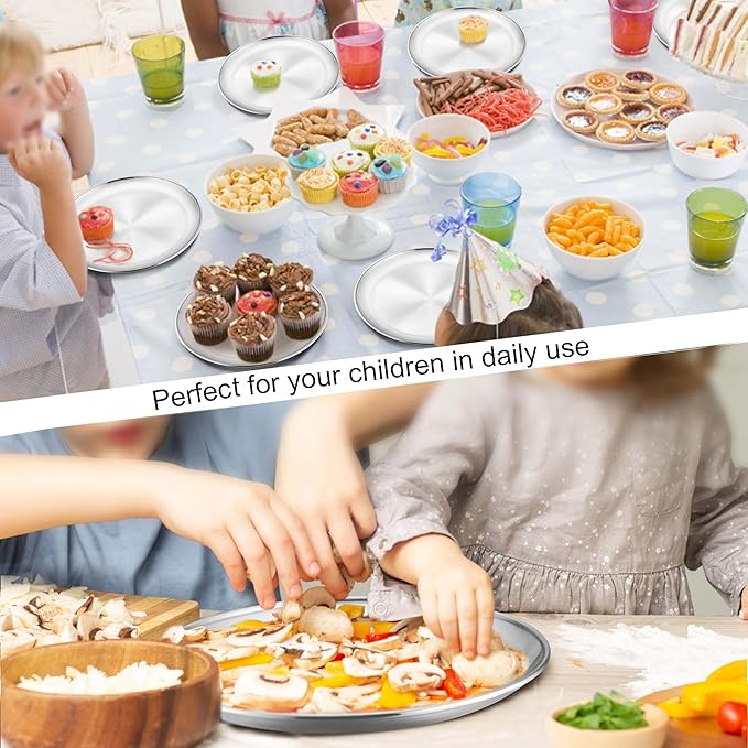 Homikit 6 Pack Stainless Steel Plates, 8 Inch Metal Kids Toddler Dinner Plate Set Non Toxic, 304 Round Camping Plates for Serving Dishes Dessert Salad, Unbreakable & Reusable, Dishwasher Safe