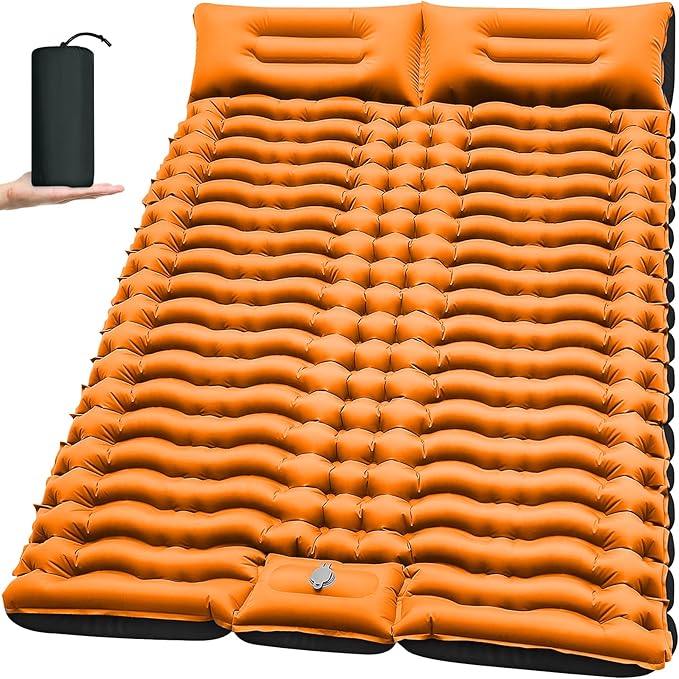 Double Camping Sleeping Pad, Self Inflating 4" Extra-Thick Foot Press Ultralight 2 Person Camping Mat with Pillow for Camping Hiking Traveling Backpacking Tent-Orange