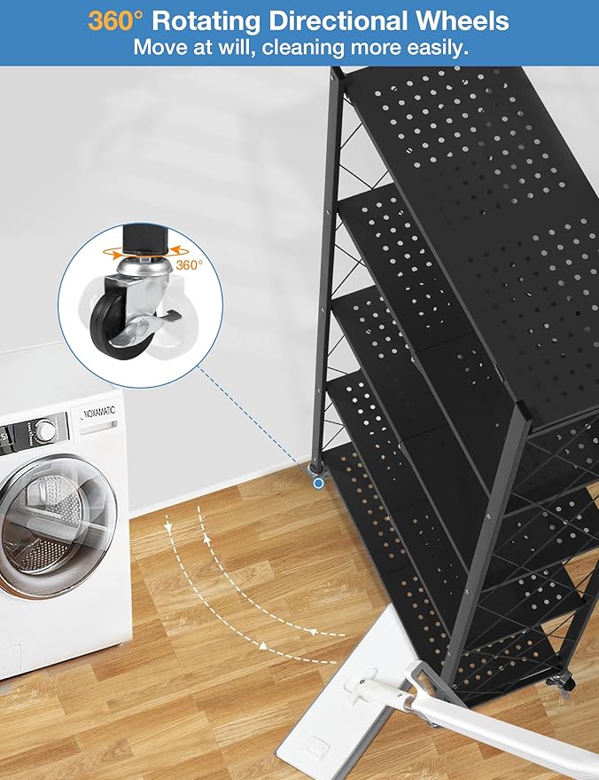 ALANNG 70.7" H Metal Storage Shelves, 5 Tier Folding Shelf on Wheels, Heavy Duty, No Assembly, Rolling, Collapsible Rack Unit for Kitchen, Basement, Pantry (Black,4 Pack)