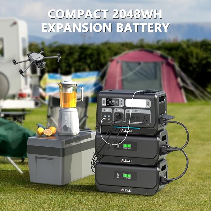 ALLWEI 2400W Portable Power Station and 2x B200 PRO Expansion Battery, 6144Wh LiFePO4 Battery 4 AC Outlets Up to 2400W for Home, Outdoor Camping, RV, With 1500W AC Charging &1200W Solar Charging