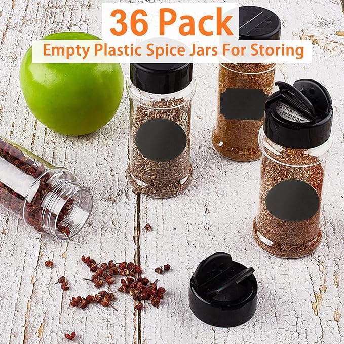 JMIATRY 36 Packs 3.4oz Plastic Spice Jars with Shaker Lids Empty Plastic Spice Bottles with Labels 100ML/ 3.4 Ounce Plastic Seasoning Containers for Spice,Herbs,Powders,Glitters