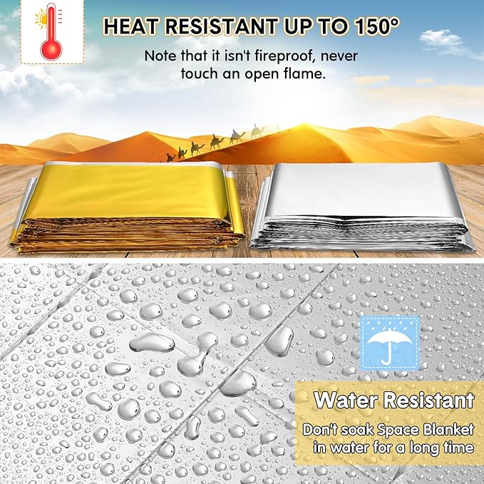 100 Pack Emergency Foil Thermal Blanket Bulk 83 x 55'' Waterproof Space First Aid Survival Blanket for Outdoors, Camping, Hiking, Homeless, First Aid, 50 Pc Silver 50 Pc Gold Silver