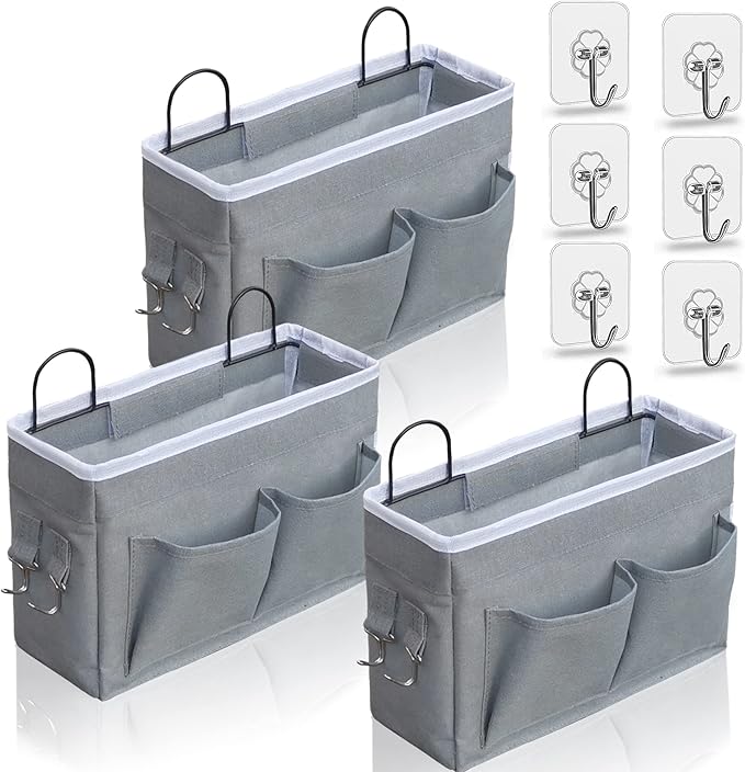 3pcs Middle Wall Hanging Organizer Bag, Linen Fabric Door Hanging Storage Basket with Pockets, Waterproof Bin for Kitchen, Bedroom, Office, RV Camper (Gray)