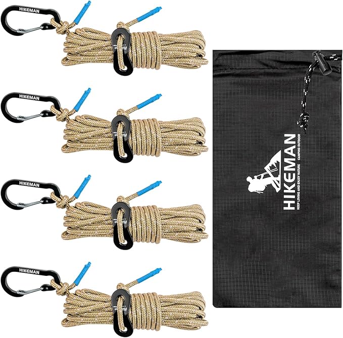 HIKEMAN Reflective Tent Rope Guyline - 4M Camping Guide Ropes,3mm Tent Guy Ropes Cord with Aluminum Tensioners Adjuster for Outdoor Camping Hiking Caravan Awning Tents (Coffee, 3mm)