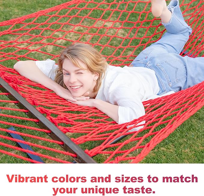 12ft Double Hammocks, Handwoven Traditional Cotton Rope Hammock with Hardwood Spreader Bar, Chains and Hooks for Indoor Outdoor, Max 450 lbs Capacity (Cherry, Full)