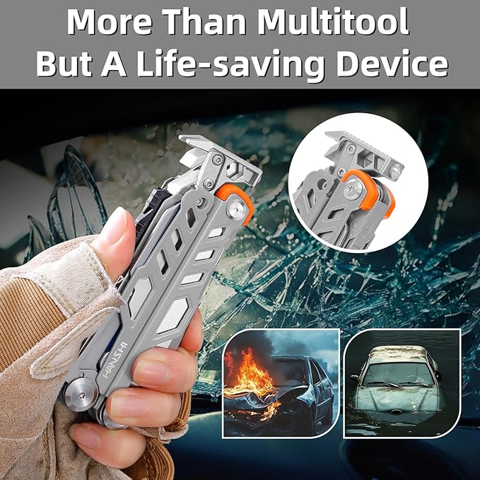 HANSHI Multitool Pliers, 22-in-1 YG10 Tungsten Steel Multi Tool with Scissors,Replaceable Wire Cutters, Flint, Window Breaker, Back Clip,Ideal for Camping, Survival and Gift (Sliver)
