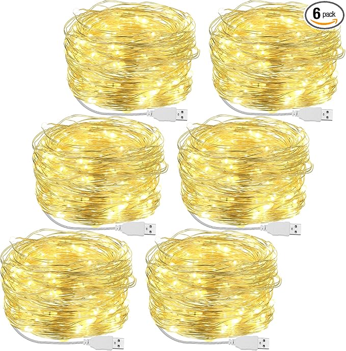 Macarrie 6 Pcs USB String Lights 33 ft 100 LED Fairy Lights Powered String for Christmas Indoor Outdoor Wedding Party Tree Home Festival Garden Decoration (Warm White)