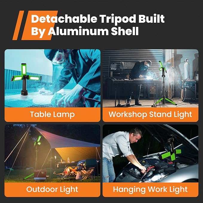 Rechargeable Work Light with Stand, GoGonova Cordless Work Light with Triple LED Lamps, 8AH Battery, 700/1200/2200 Lumen, 4000/6500K Dimmable Camping Light with Detachable Tripod (Green)