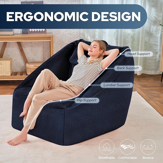 HABUTWAY Inflatable Bean Bag Chairs for Adult Blow up Chair Portable Inflatable Bean Bag Couch w/Electric Air Pump,Handle & Side Pocket for Movie Night Reading Gaming Living Room - Navy Blue